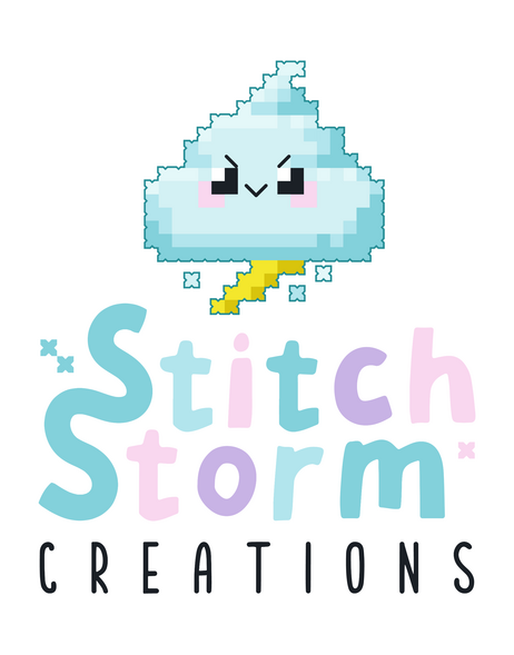 Image showing a smiling pixelated cloud with "StitchStorm Creations" written